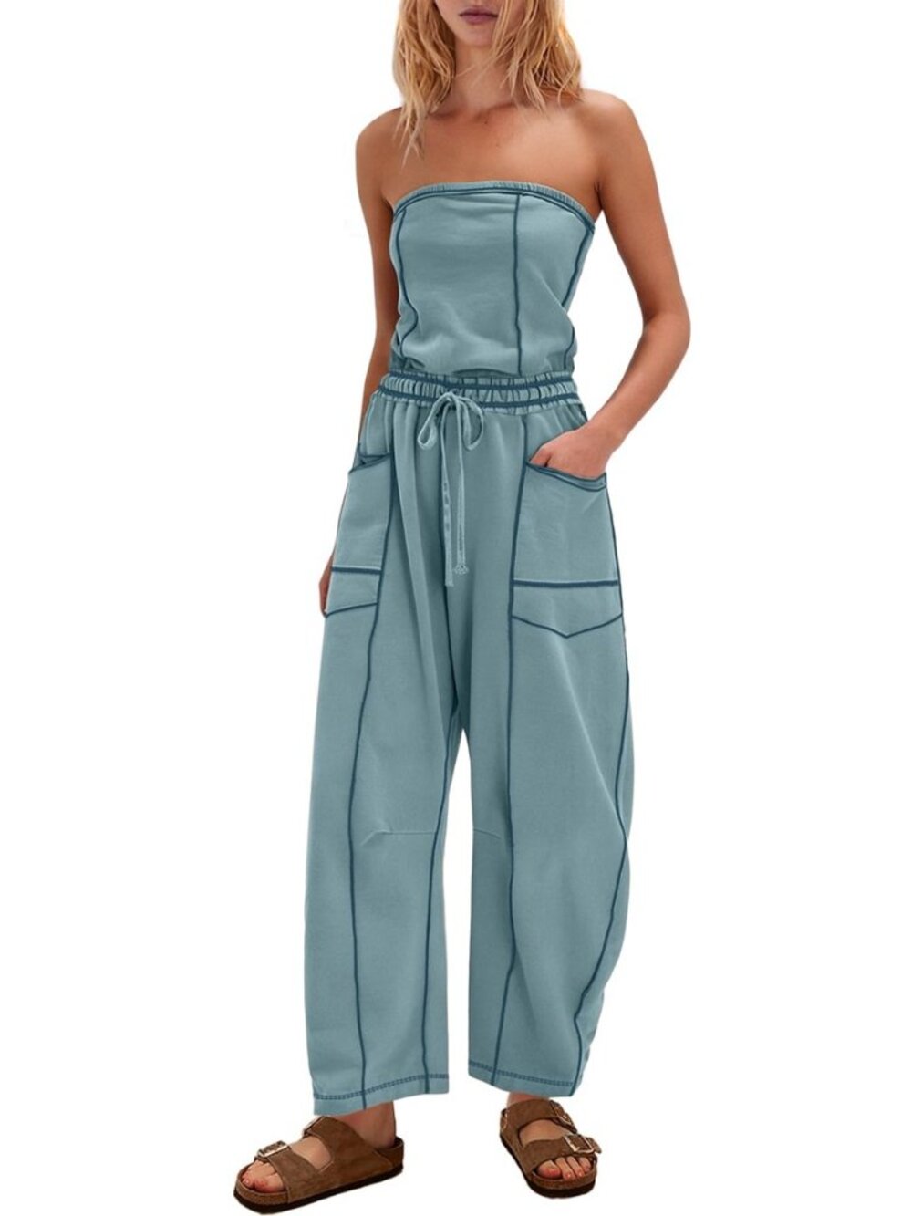 Womens Strapless Jumpsuits Off the Shoulder Tube Top barrel Overalls Loose Fit
